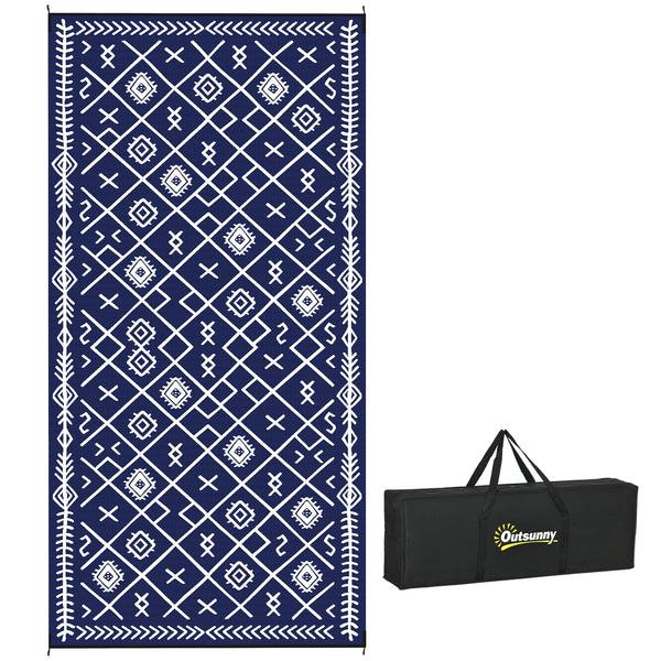 outsunny 9' x18' Reversible Waterproof Plastic Straw Rug Blue & White Rhombus Pattern