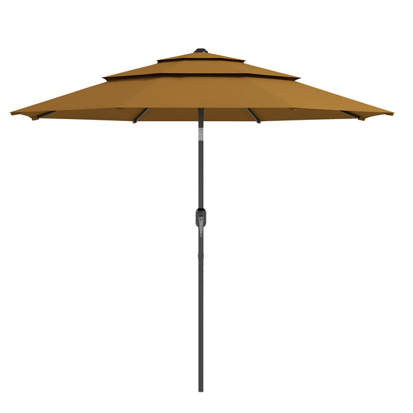 Outsunny 9FT 3-Tier Patio Umbrella With Crank & Push-Button Tilt Tan