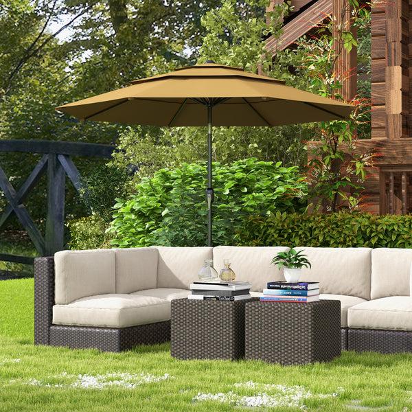 Outsunny 9FT 3-Tier Patio Umbrella With Crank & Push-Button Tilt Tan