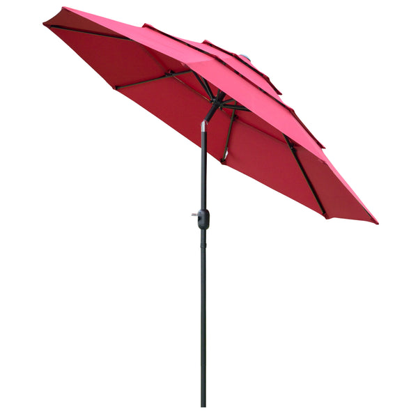 Outsunny 9FT 3 Tiers Patio Umbrella Crank Push Button Tilt Deck Backyard Lawn Wine Red