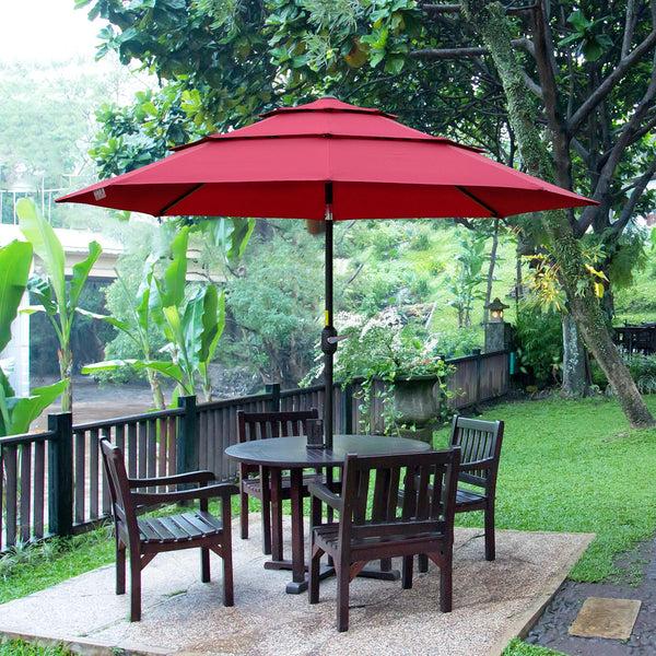 Outsunny 9FT 3 Tiers Patio Umbrella Crank Push Button Tilt Deck Backyard Lawn Wine Red