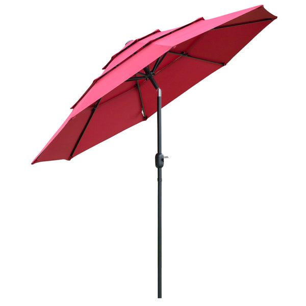 outsunny 9FT 3 Tiers Patio Umbrella Crank Push Button Tilt Deck Backyard Lawn Wine Red