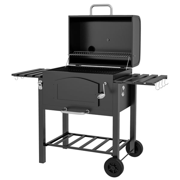 Outsunny Adjustable Height Charcoal Grill With Foldable Shelves & Wheels Black