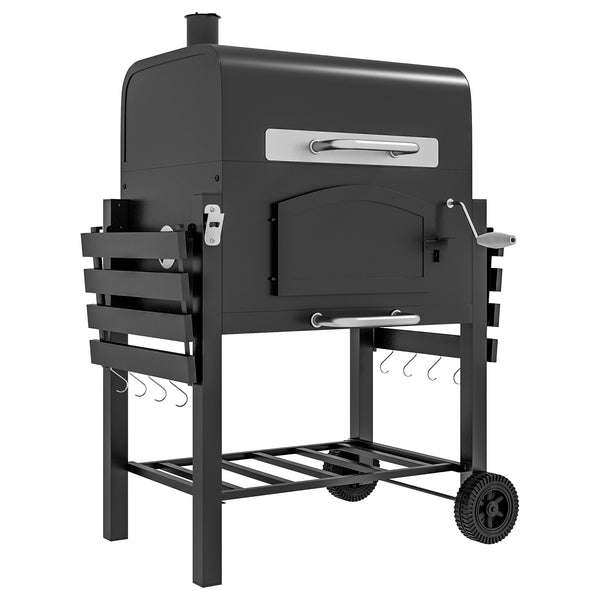 outsunny Adjustable Height Charcoal Grill with Foldable Shelves & Wheels Black
