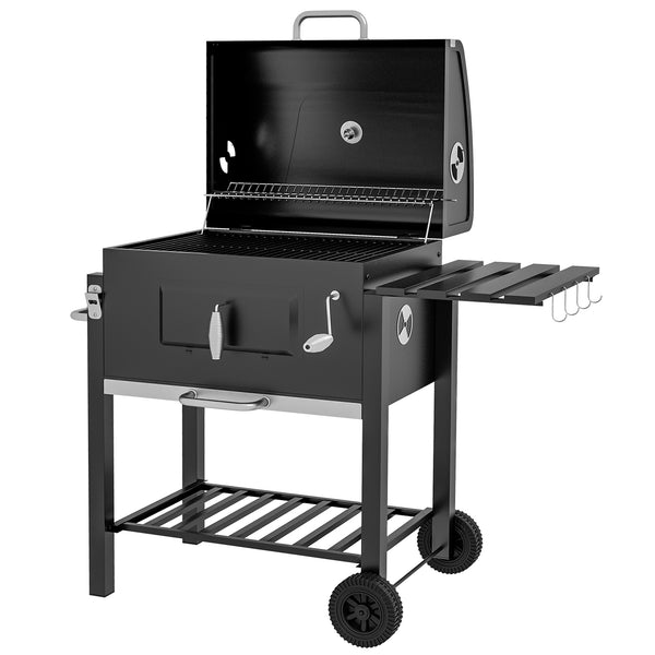 Outsunny Charcoal BBQ Grill Smoker Combo Portable Trolley Camping Picnic Backyard Side Shelf Black