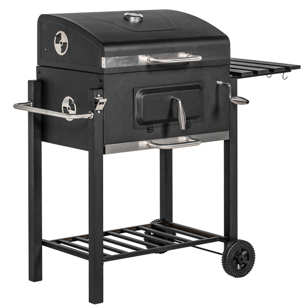 outsunny Charcoal BBQ Grill Smoker Combo Portable Trolley Camping Picnic Backyard Side Shelf Black