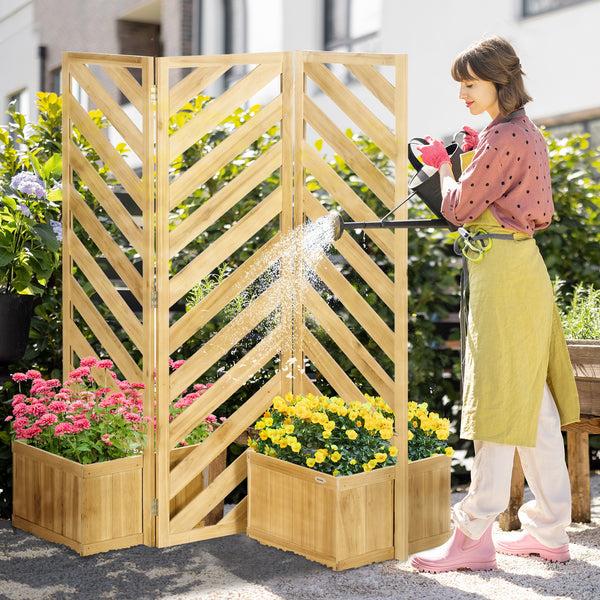 Outsunny Freestanding Outdoor Privacy Screen With 4 Self-Draining Planters & 3 Trellis Panels Natural Wood