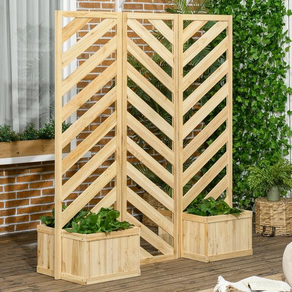 Outsunny Freestanding Outdoor Privacy Screen With 4 Self-Draining Planters & 3 Trellis Panels Natural Wood