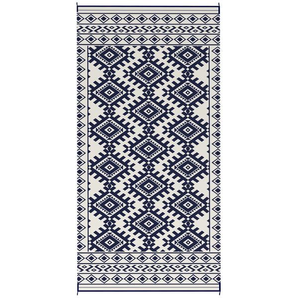 Outsunny Reversible Outdoor Rug 9' X 18' Waterproof Plastic Straw Floor Mat Portable RV Camping Carpet Large Floor Mat For Backyard Deck Picnic Beach Blue & White Rhombus Border