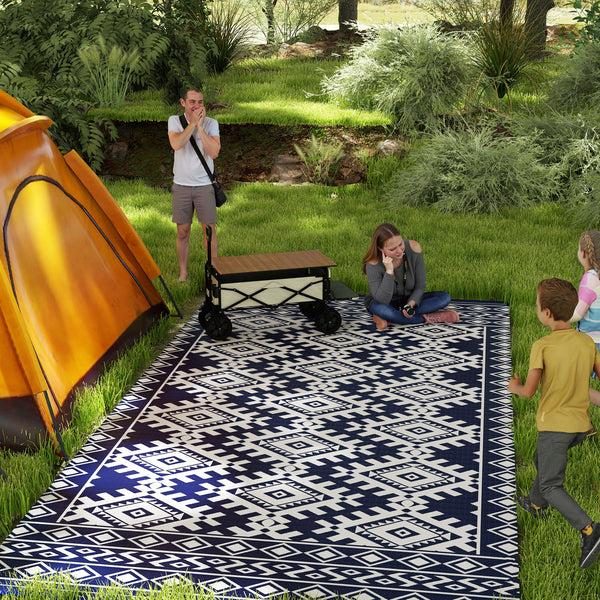 Outsunny Reversible Outdoor Rug 9' X 18' Waterproof Plastic Straw Floor Mat Portable RV Camping Carpet Large Floor Mat For Backyard Deck Picnic Beach Blue & White Rhombus Border