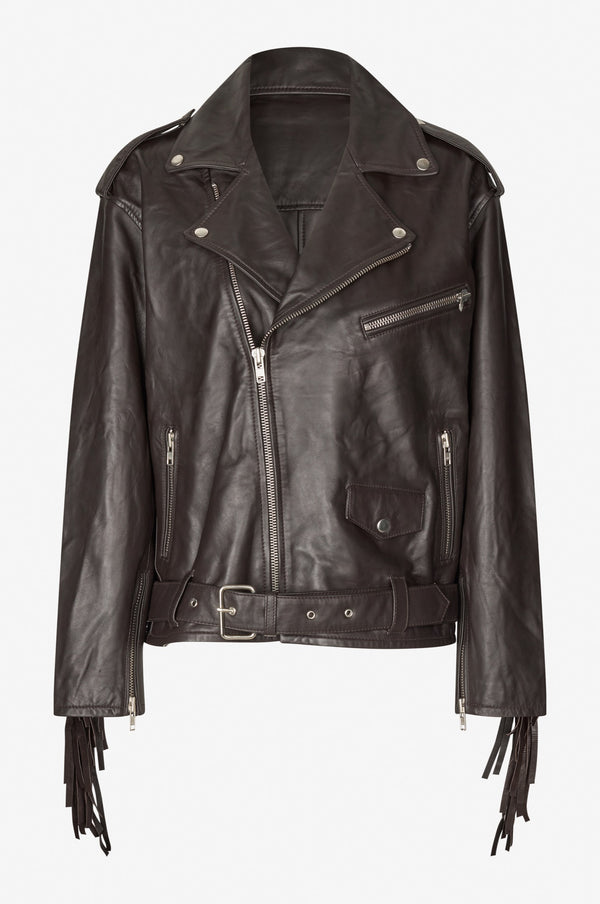 Oval Square Fringe Leather Biker