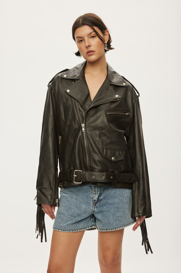 Oval Square Fringe Leather Biker