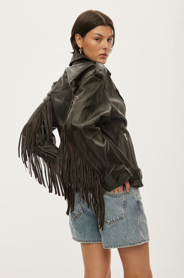 Oval Square Fringe Leather Biker