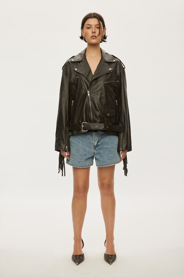 oval square Fringe Leather Biker
