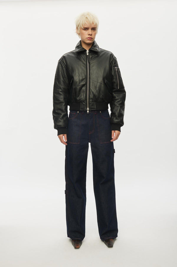 oval square Pad Leather Bomber