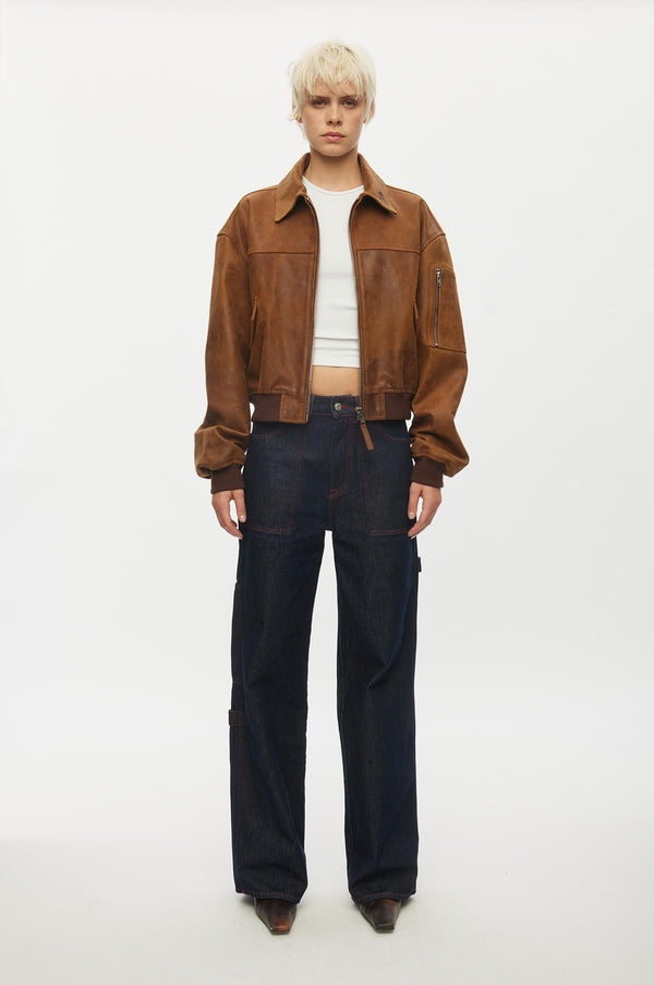 oval square Rocky Leather Bomber