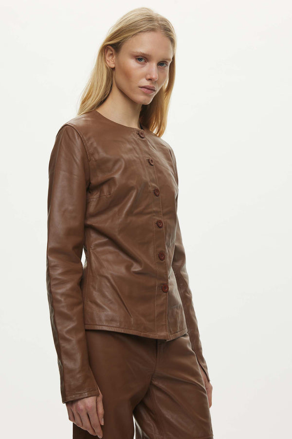 Oval Square Scoop Leather Blouse