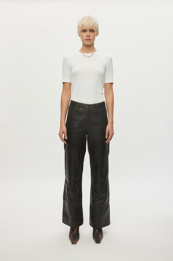 oval square Time Leather Trousers