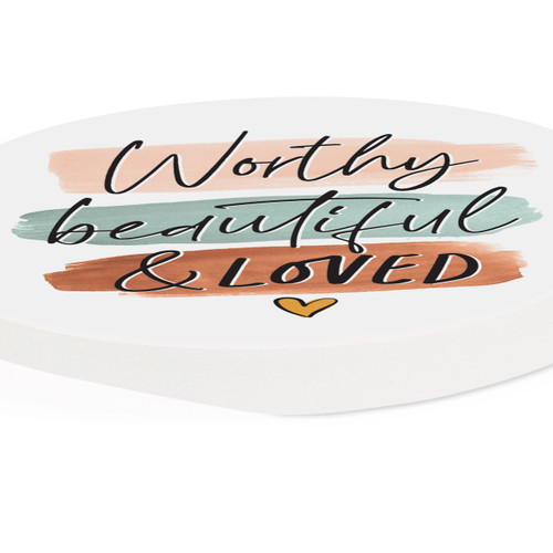 P. Graham Dunn Ceramic Car Coasters (Retail Pack) - Worthy Beautiful & Loved