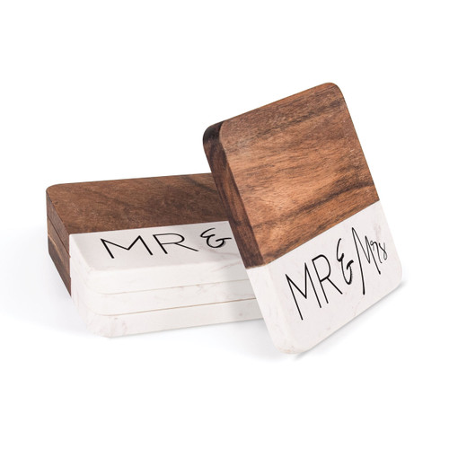 P. Graham Dunn Wood Square Coaster Set - Mr & Mrs - 4/pk