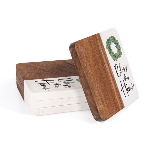 P. Graham Dunn Wood Square Coaster Set - Bless This Home - 4/pk