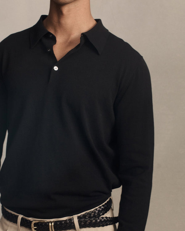 P. Johnson Ice Cotton Long Sleeve Polo - Black