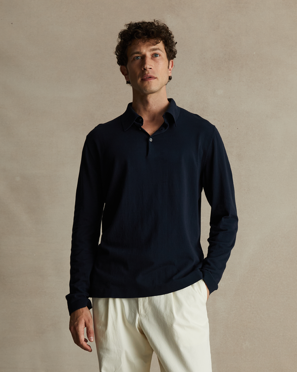 p. johnson Ice Cotton Long Sleeve Polo - Navy