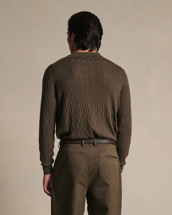 P. Johnson Merino Cable Knit Polo - Moss