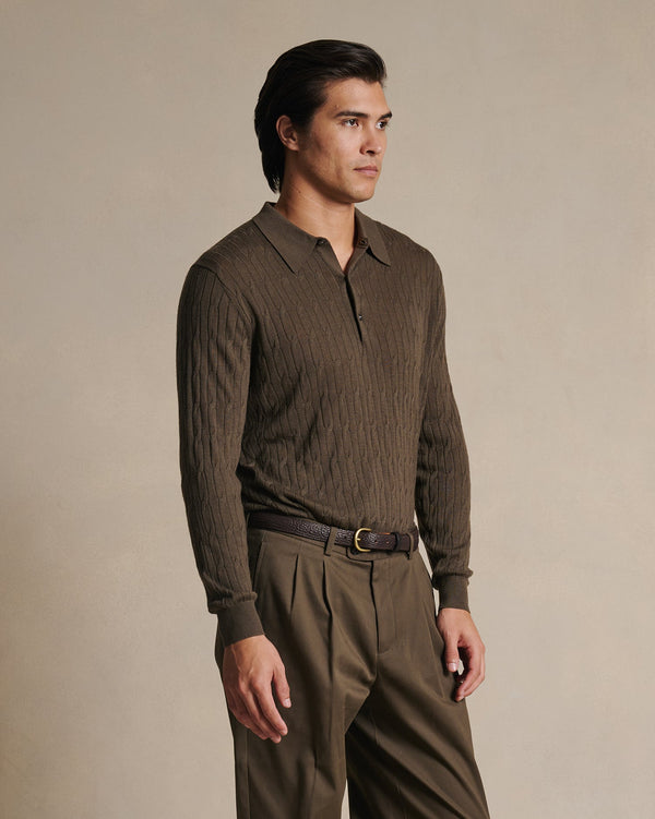 P. Johnson Merino Cable Knit Polo - Moss