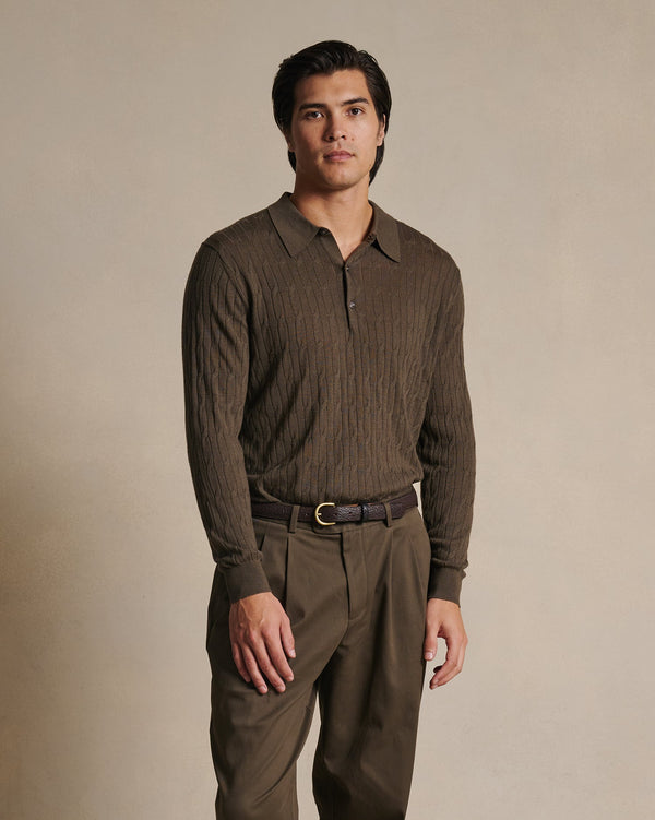 p. johnson Merino Cable Knit Polo - Moss