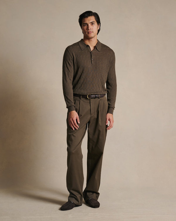 P. Johnson Merino Cable Knit Polo - Moss