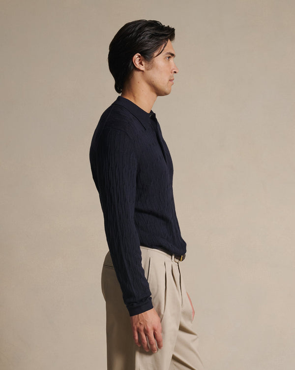 P. Johnson Merino Cable Knit Polo - Navy