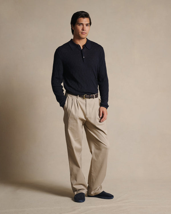 P. Johnson Merino Cable Knit Polo - Navy