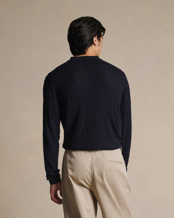 P. Johnson Merino Cable Knit Polo - Navy