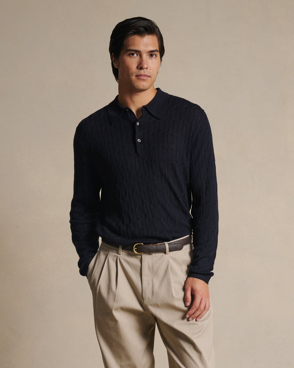 p. johnson Merino Cable Knit Polo - Navy