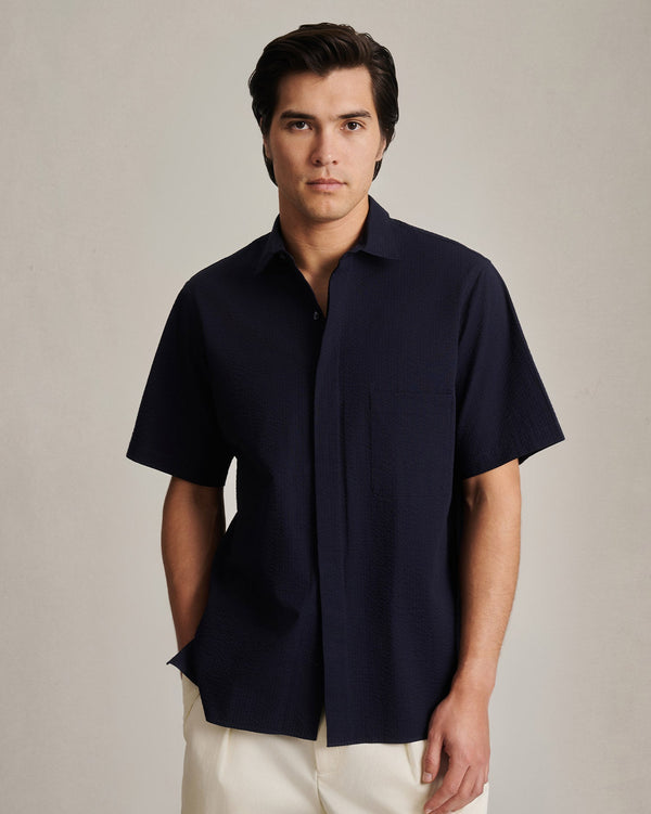 p. johnson Resort Shirt I - Navy Wide Seersucker