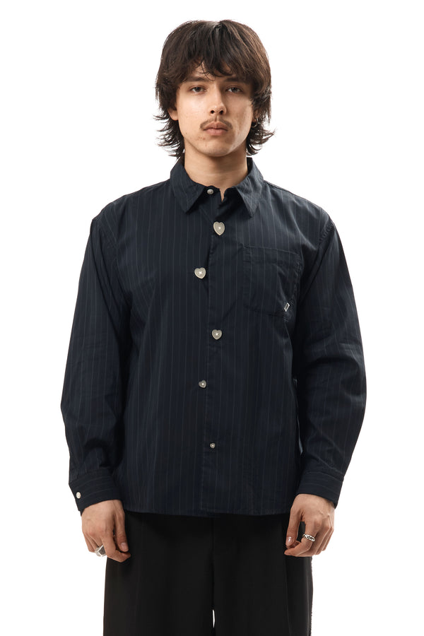 p.a.m. perks and mini FLOATING HEART POPLIN SHIRT BLACK PINSTRIPE