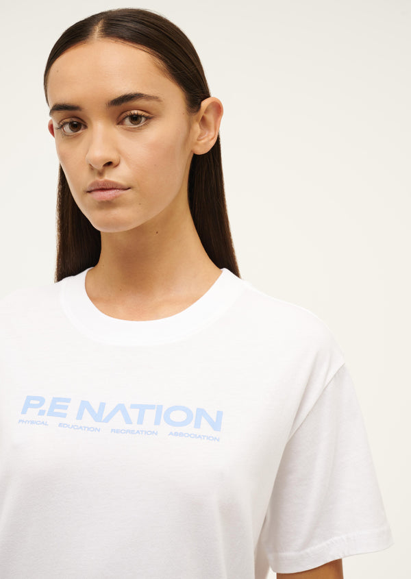 p.e nation Aero short sleeve tee in white & cornflower blue