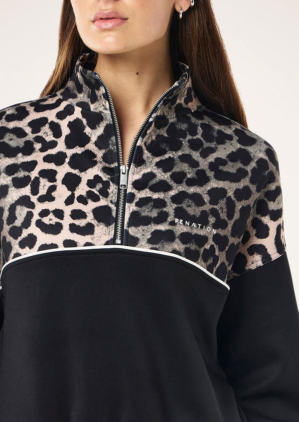 P.e Nation Boundless Zip Neck Sweat In Black & Leopard