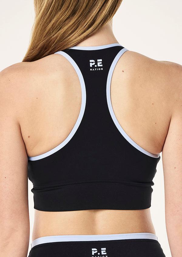 p.e nation Vita sports bra in black & heather blue