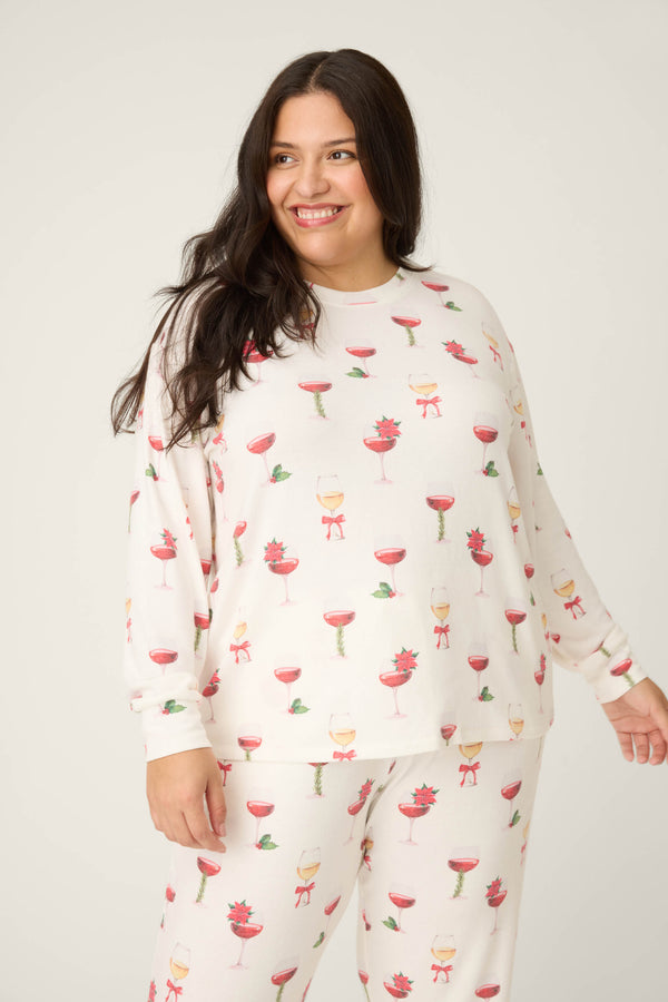 P.j. Salvage Let's Get Toasty Holiday Wine Print Plus Size Pants Set