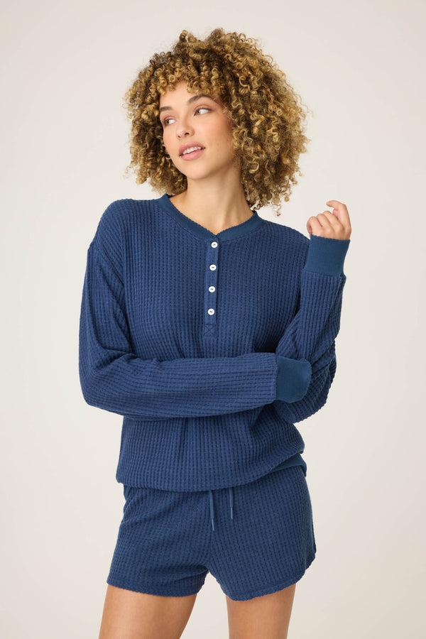P.j. Salvage Morning Waffles Solid Navy Long Sleeve Top