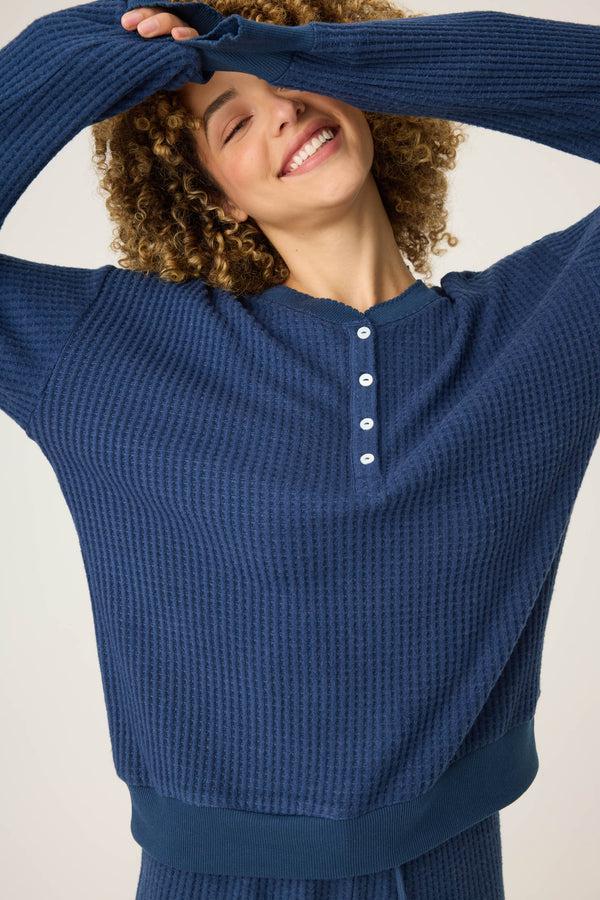 P.j. Salvage Morning Waffles Solid Navy Long Sleeve Top