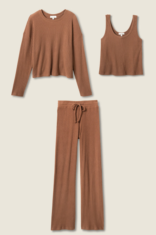 P.j. Salvage 3-Piece Luxe Ribbed Brown PJ Set