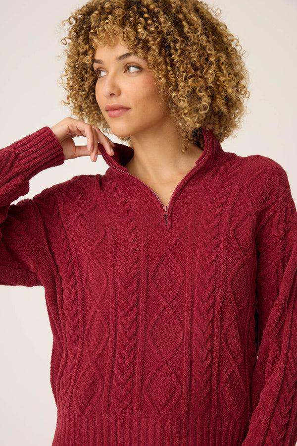 P.j. Salvage Quarter Zip Chenille Cable Knit Top