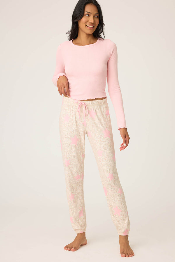 P.j. Salvage Stay Wild Leopard & Star Print Pointelle Banded Pants