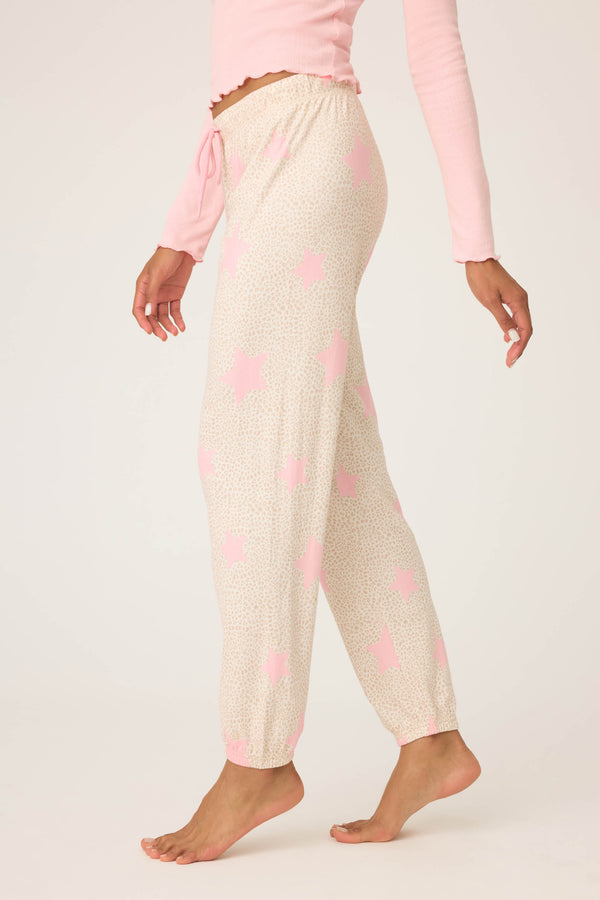 P.j. Salvage Stay Wild Leopard & Star Print Pointelle Banded Pants