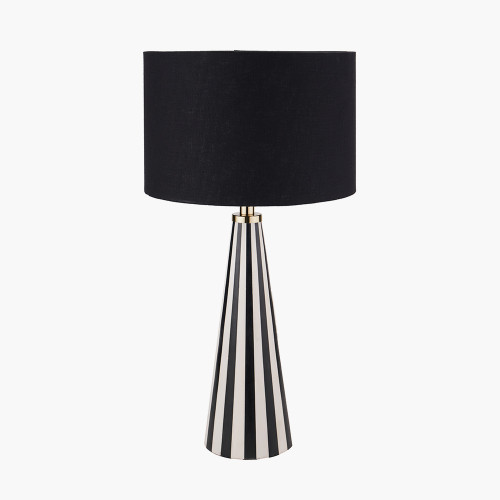 pacific lifestyle Alejo Black and White Stripe Conical Resin Table Lamp Base with Harry 35cm Black Cotton Mix Cylinder Lampshade