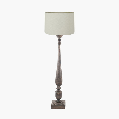 pacific lifestyle Alia Grey Wash Turned Mango Wood Floor Lamp Base with Lino 45cm Cream Self Lined Linen Cylinder Lampshade