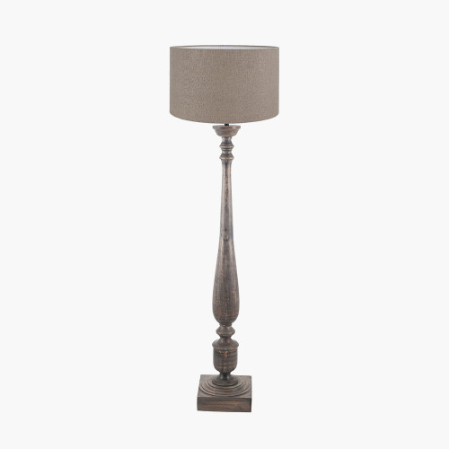 pacific lifestyle Alia Grey Wash Turned Mango Wood Floor Lamp Base with Edward 45cm Natural Linen Cylinder Lampshade